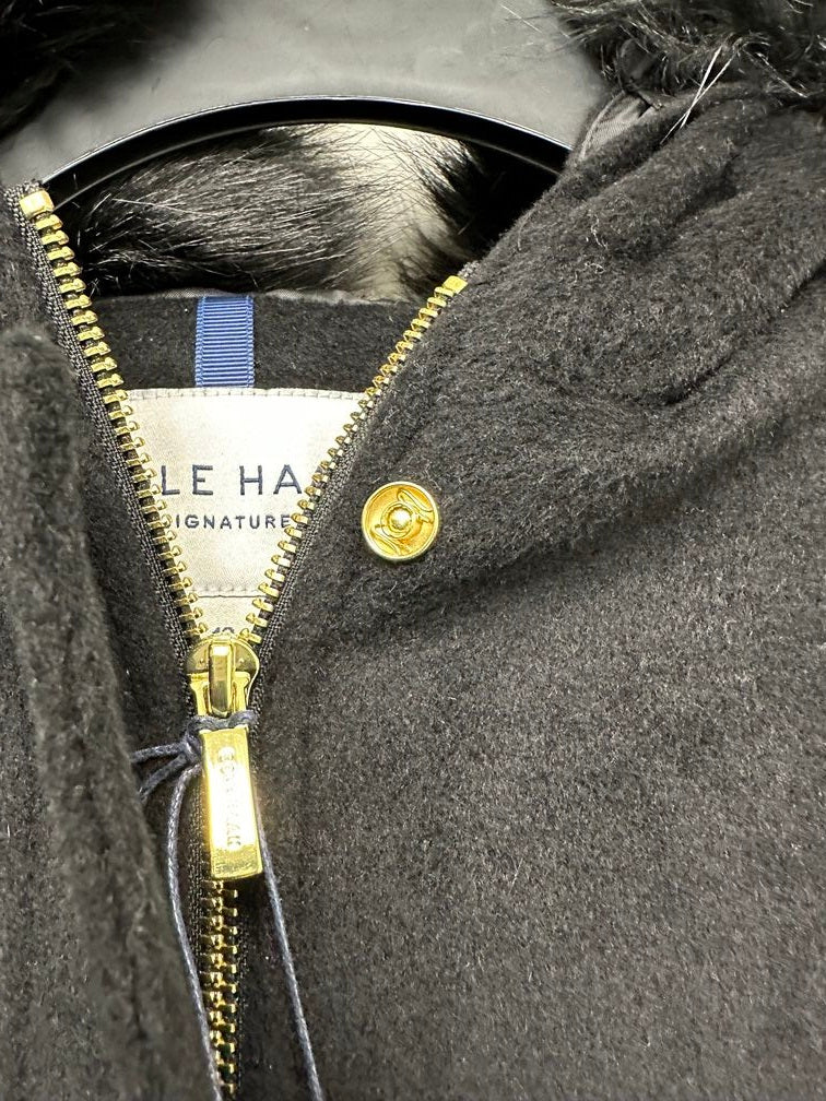 Cole Haan Women's Belted Faux-Fur-Trim Hooded Coat Black Size 12