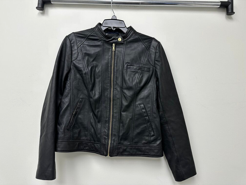 Cole Haan Women's Stand-Collar Leather Moto Coat Black Size Large