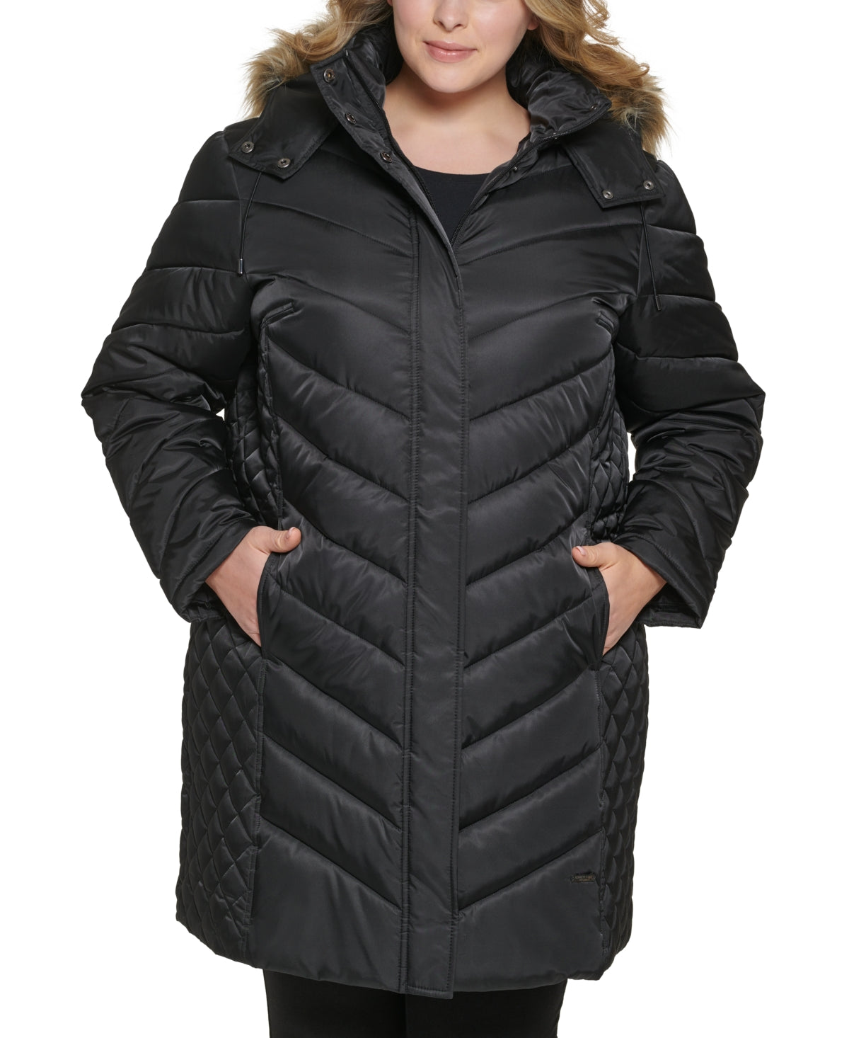 Kenneth Cole Women's Faux Fur Trim Hooded Puffer Coat Black Size 2X