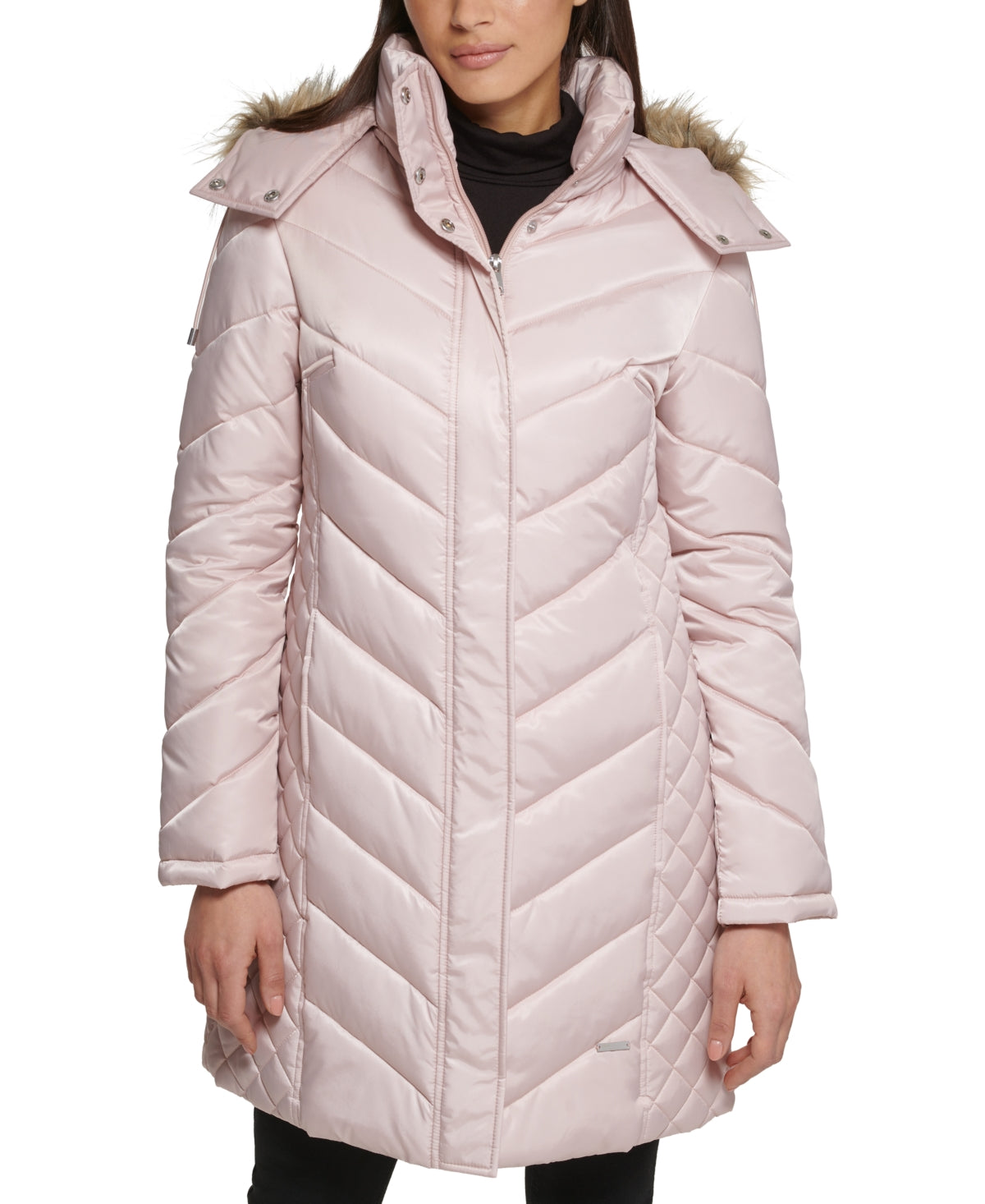 Kenneth Cole Women's Faux Fur Trim Hooded Puffer Coat Pink Size Large