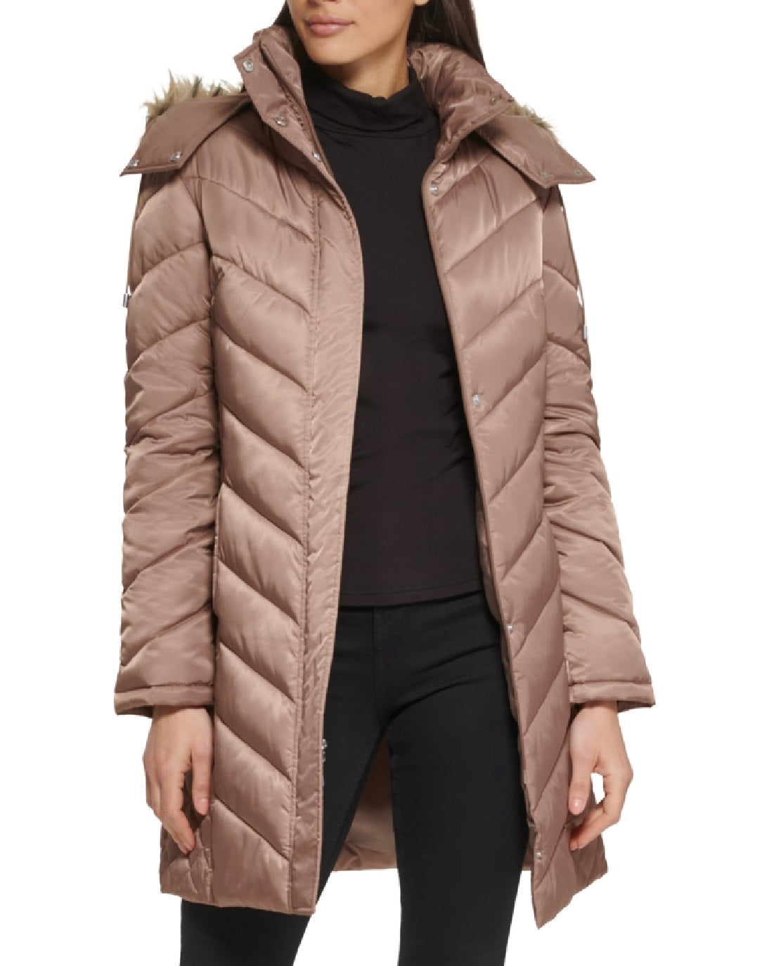 Kenneth Cole Women's Faux Fur Trim Hooded Puffer Coat Brown Size Large