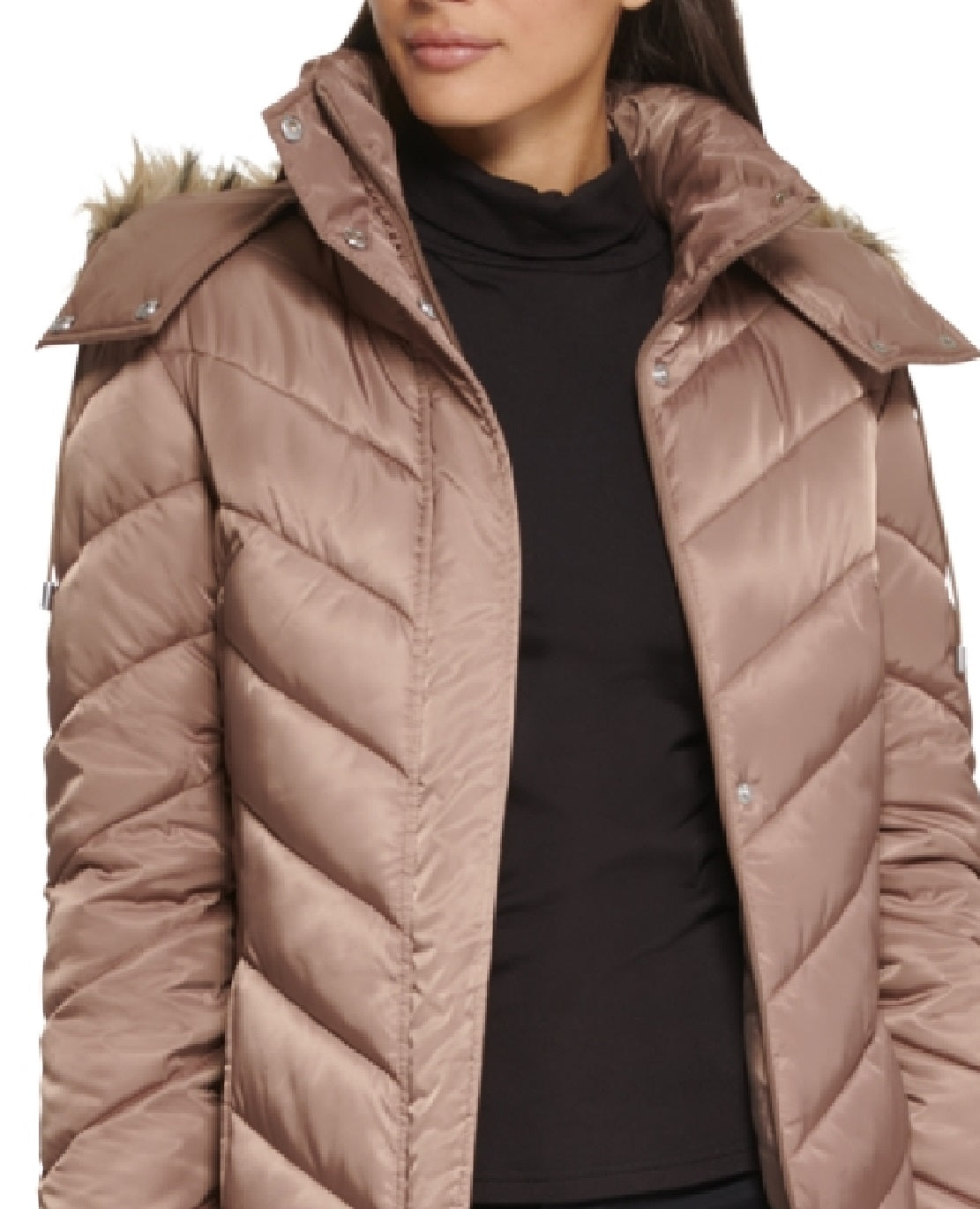 Kenneth Cole Women's Faux Fur Trim Hooded Puffer Coat Brown Size Large