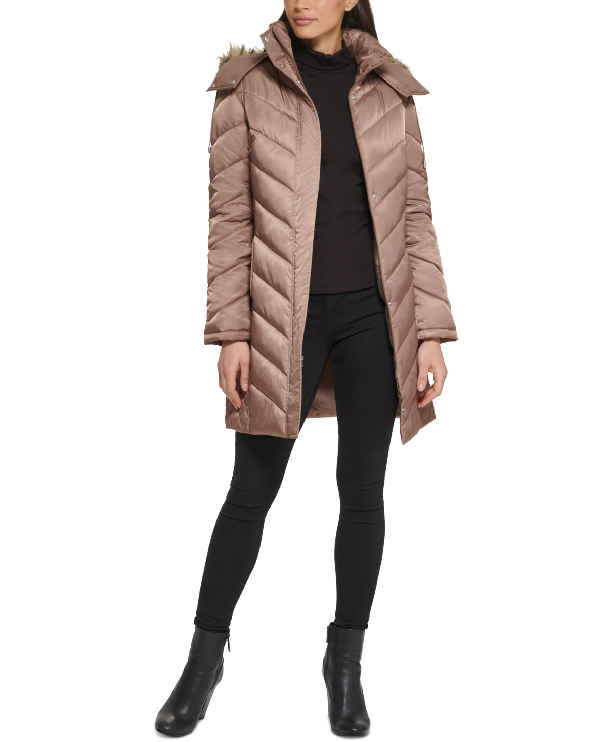 Kenneth Cole Women's Faux Fur Trim Hooded Puffer Coat Brown Size Large