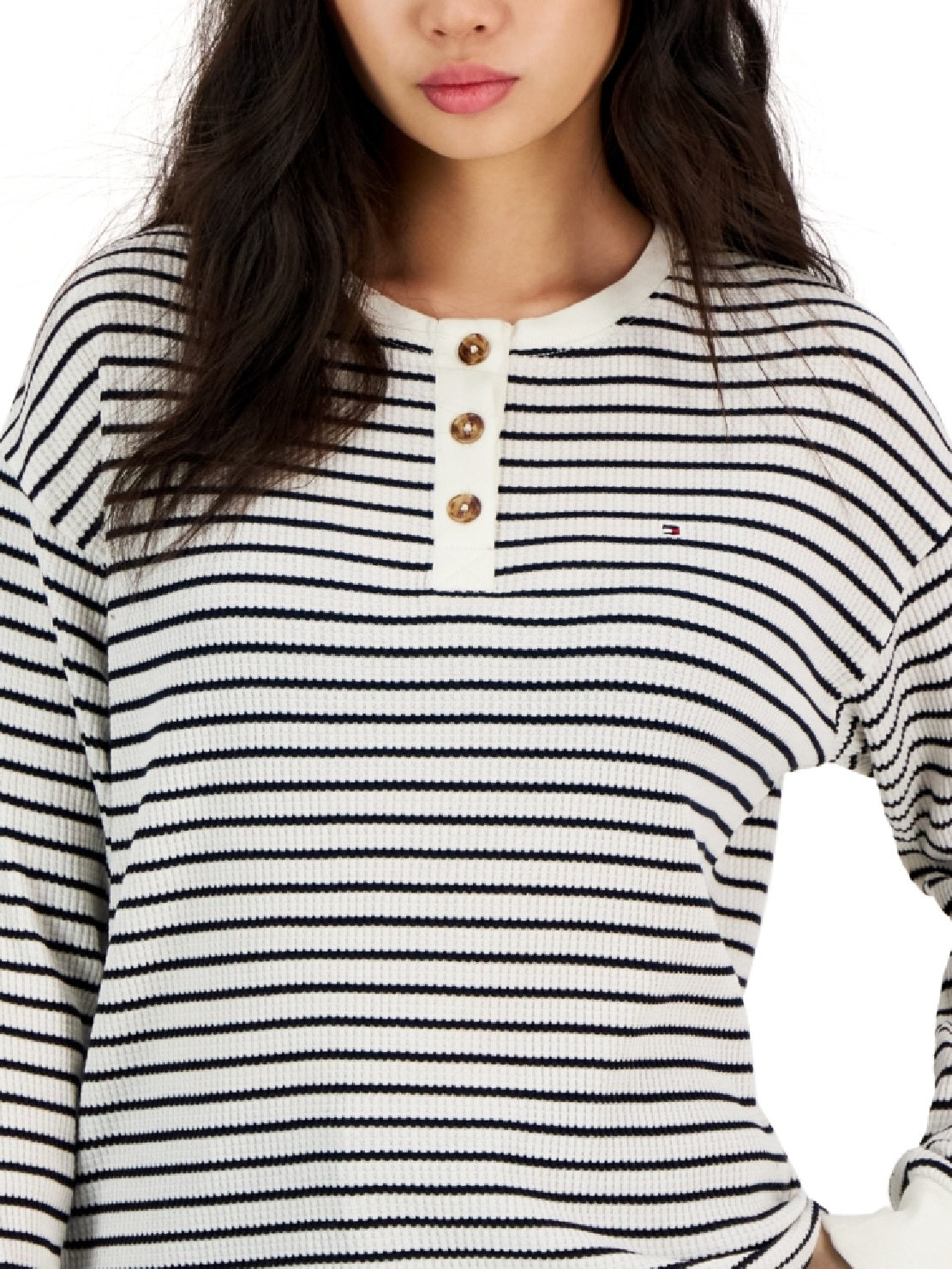 Tommy Hilfiger Women's Long Sleeve Striped Boxy Henley Top White