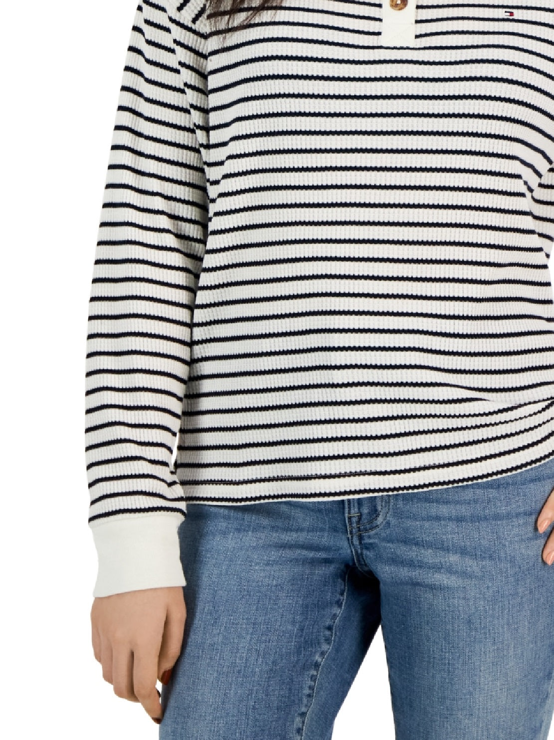 Tommy Hilfiger Women's Long Sleeve Striped Boxy Henley Top White