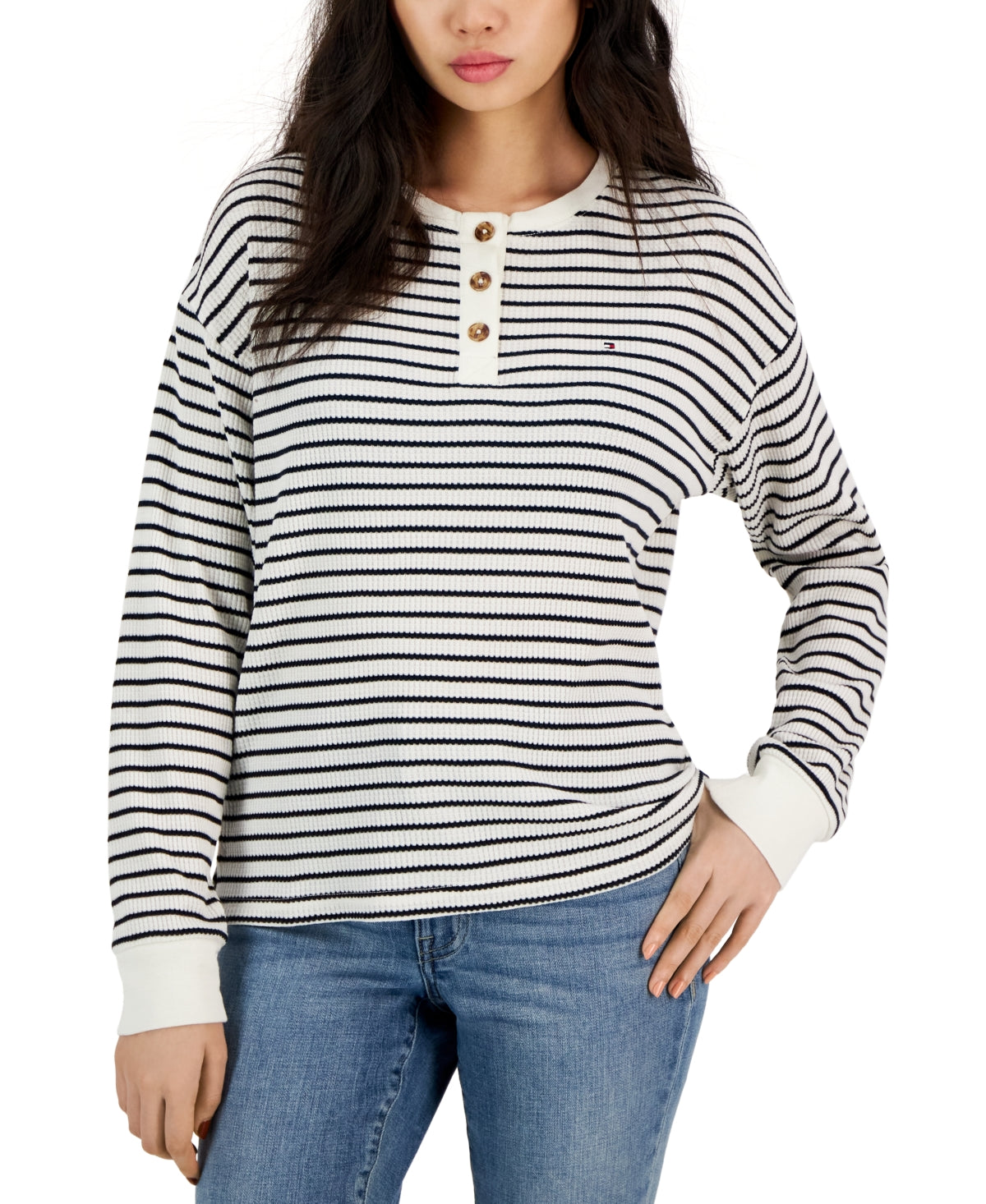 Tommy Hilfiger Women's Long Sleeve Striped Boxy Henley Top White