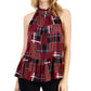 Tommy Hilfiger Women's High Neck Plaid Peplum Hem Top Red Size X-Large