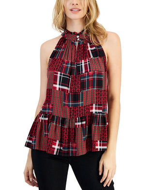 Tommy Hilfiger Women's High Neck Plaid Peplum Hem Top Red Size X-Large