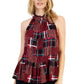 Tommy Hilfiger Women's High Neck Plaid Peplum Hem Top Red Size X-Large