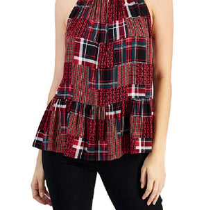 Tommy Hilfiger Women's High Neck Plaid Peplum Hem Top Red Size X-Large