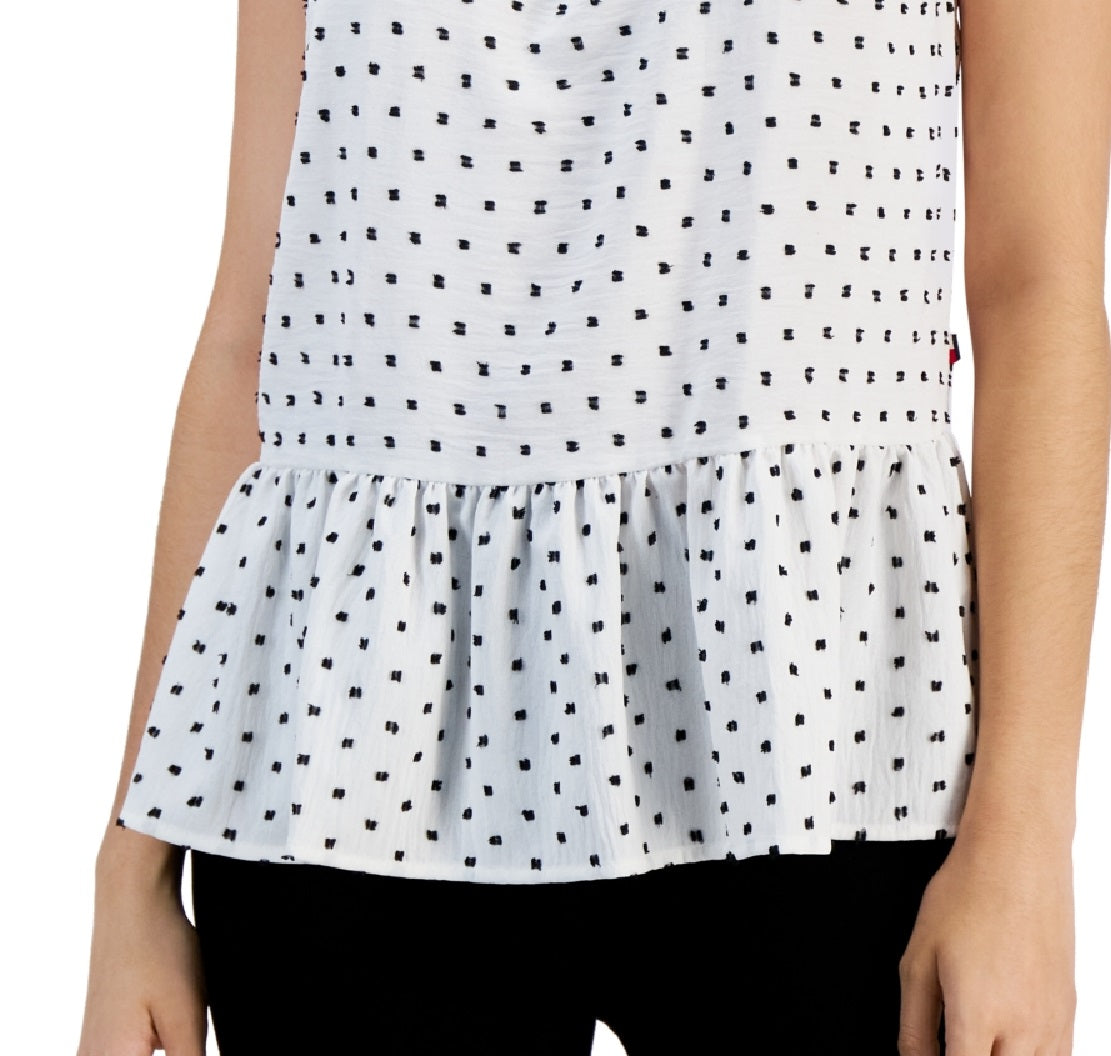 Tommy Hilfiger Women's Printed Sleeveless Peplum Hem Top White