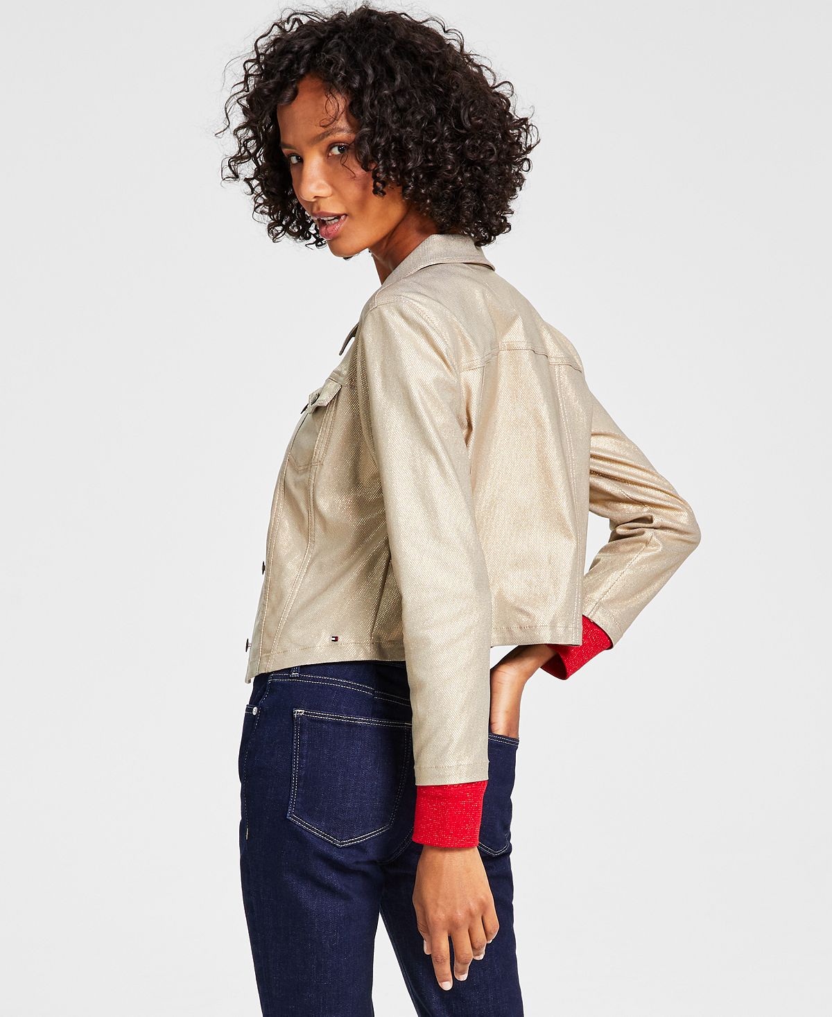 Tommy Hilfiger Women's Foil Cropped Trucker Jacket Yellow Size X-Large