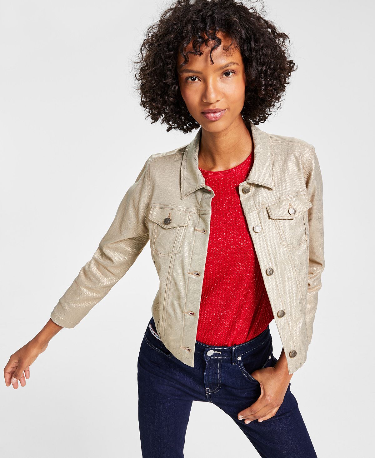 Tommy Hilfiger Women's Foil Cropped Trucker Jacket Yellow Size X-Large