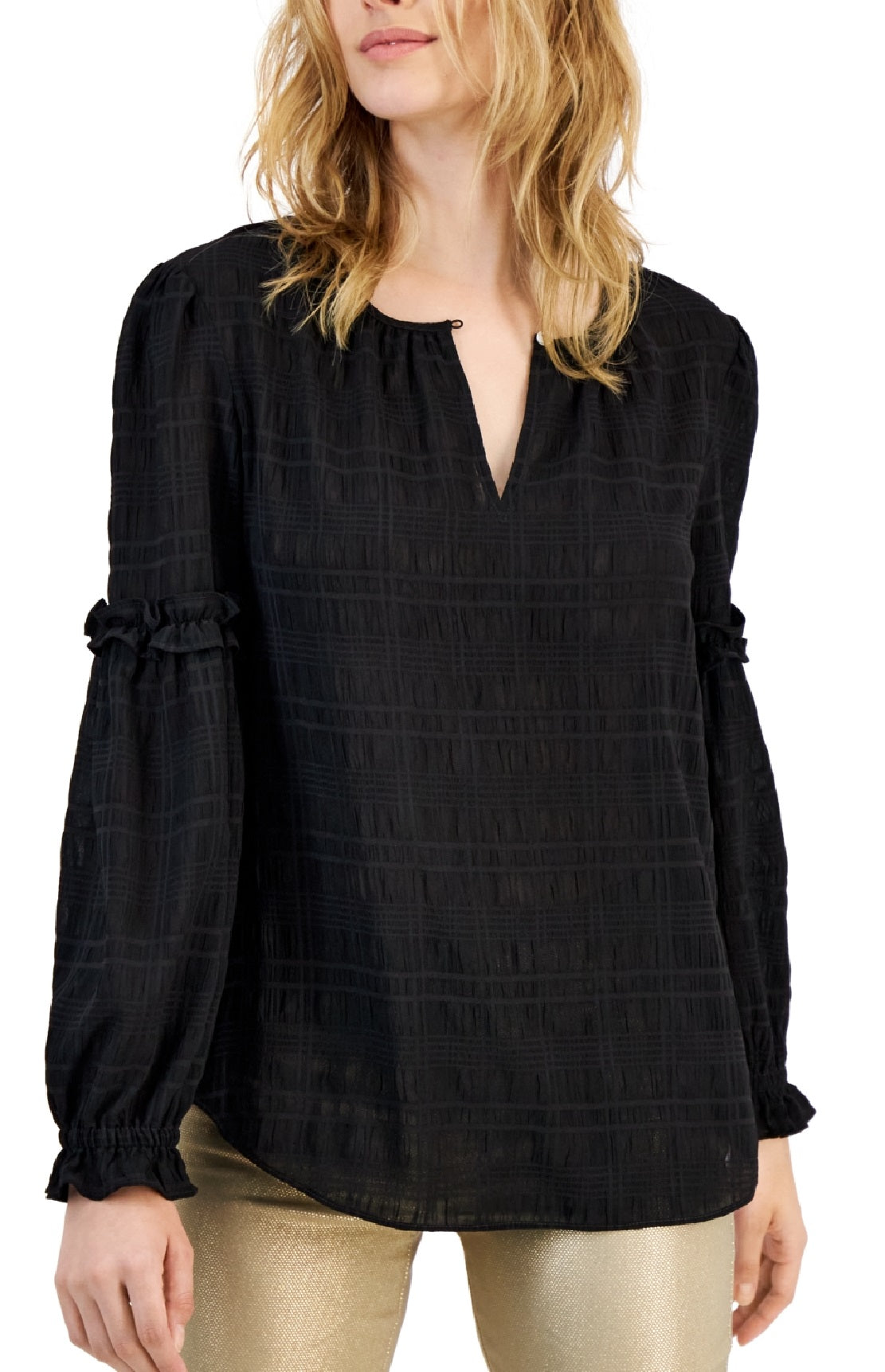 Tommy Hilfiger Women's Textured Keyhole Ruffle Sleeve Blouse Black Size X-Small