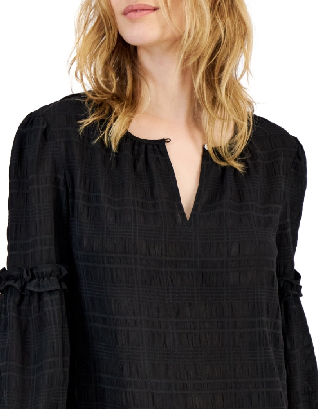 Tommy Hilfiger Women's Textured Keyhole Ruffle Sleeve Blouse Black Size X-Small