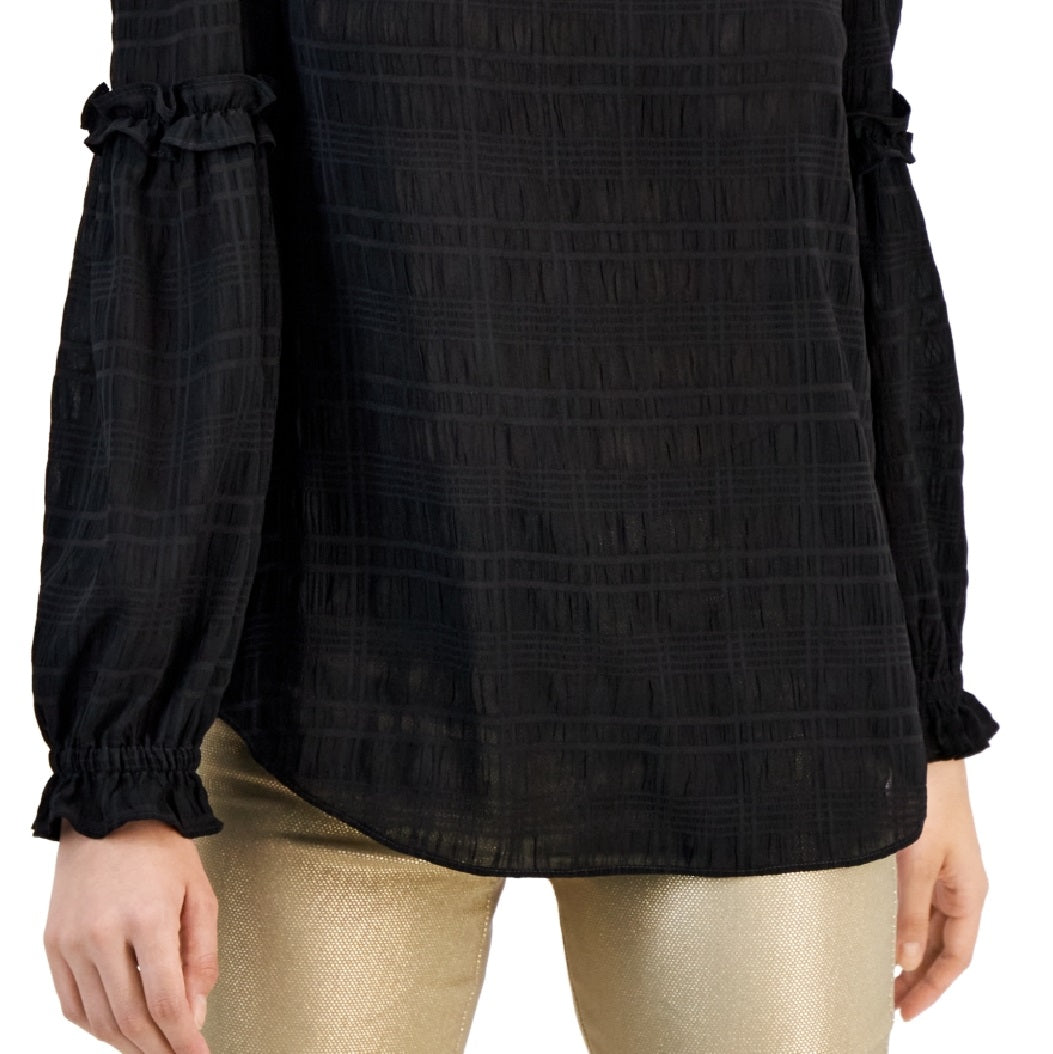 Tommy Hilfiger Women's Textured Keyhole Ruffle Sleeve Blouse Black Size X-Small
