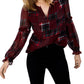 Tommy Hilfiger Women's Patchwork Plaid Ruffle Sleeve Top Red Size X-Large