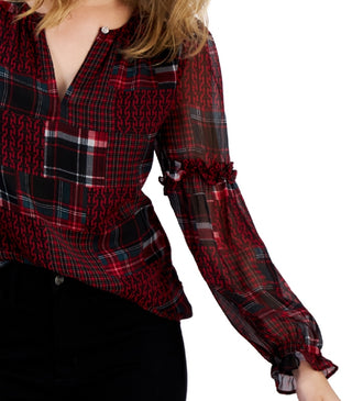 Tommy Hilfiger Women's Patchwork Plaid Ruffle Sleeve Top Red Size X-Large