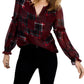Tommy Hilfiger Women's Patchwork Plaid Ruffle Sleeve Top Red Size X-Large