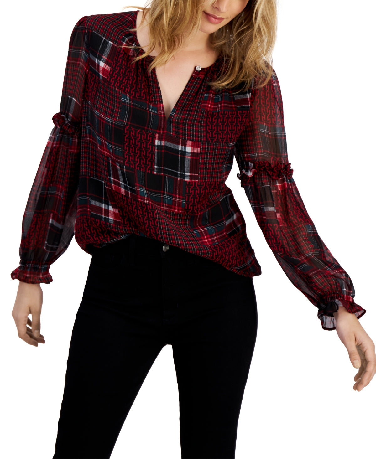 Tommy Hilfiger Women's Patchwork Plaid Ruffle Sleeve Top Red Size X-Large