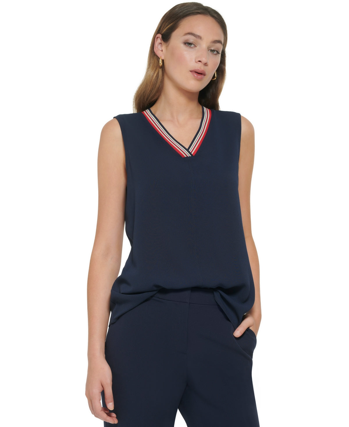 Tommy Hilfiger Women's Sleeveless Bubble Crepe Iconic Top Blue Size X-Large