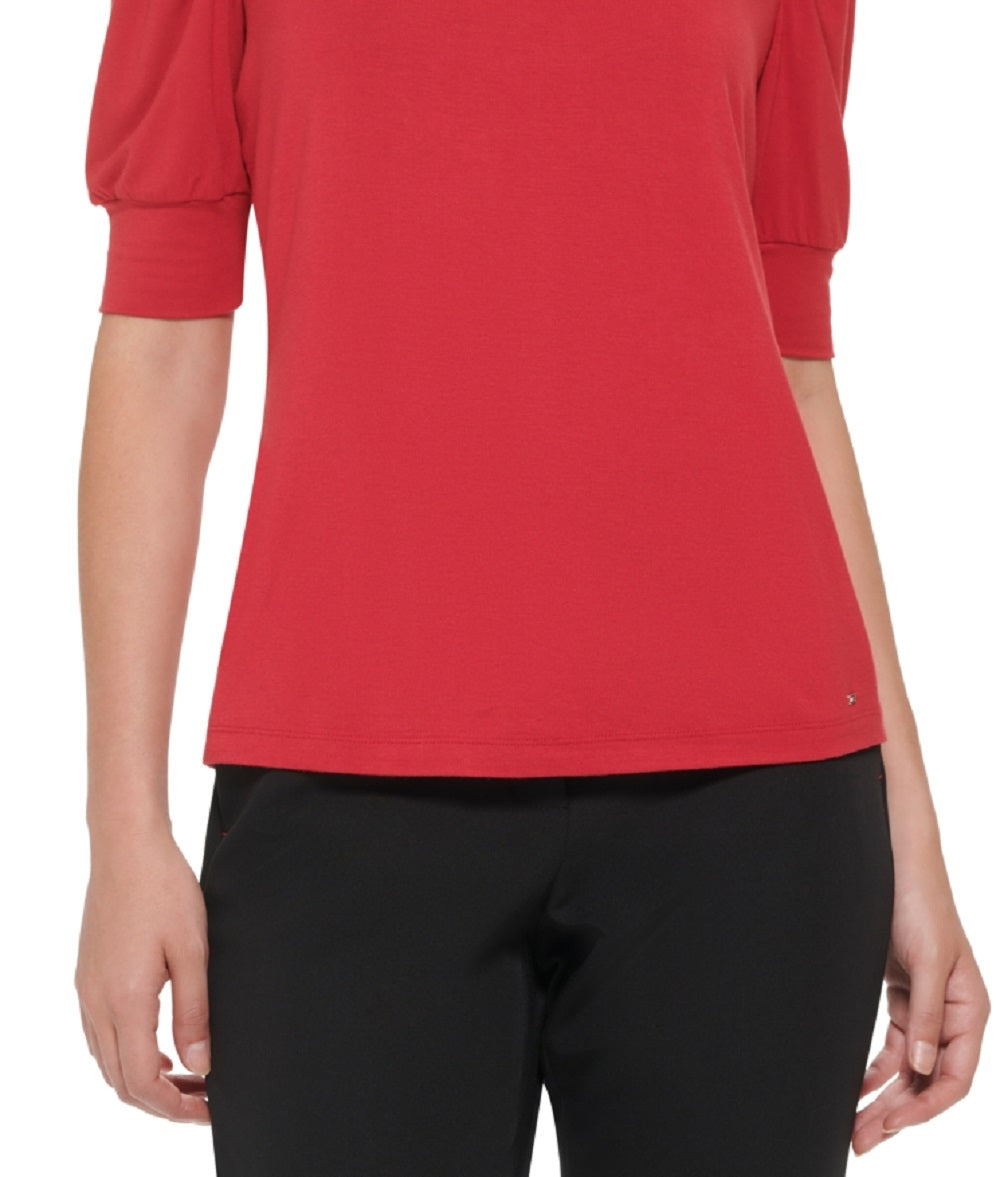 Tommy Hilfiger Women's Elbow Sleeve Pleated-Shoulder Top Red Size Large