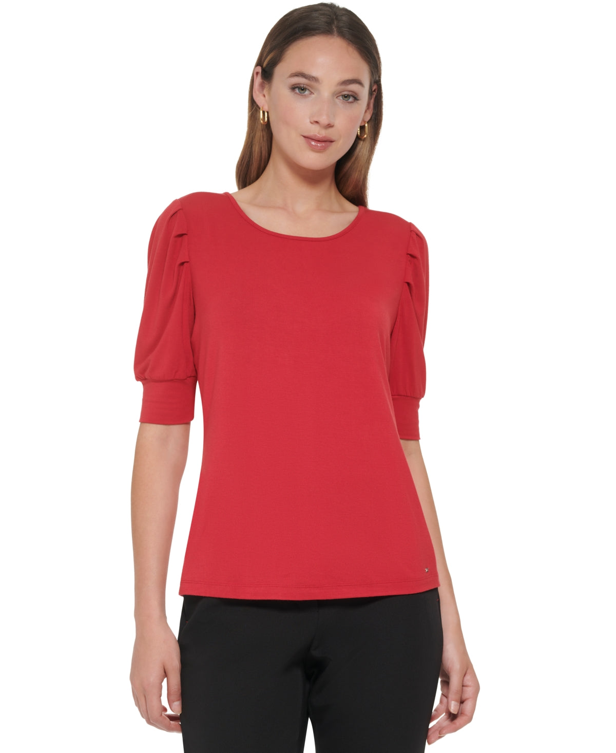 Tommy Hilfiger Women's Elbow Sleeve Pleated-Shoulder Top Red Size Large
