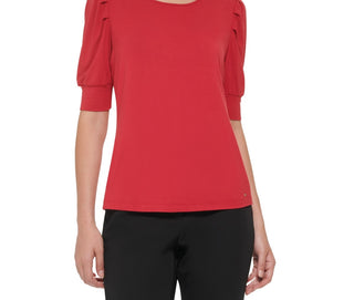 Tommy Hilfiger Women's Elbow Sleeve Pleated Shoulder Top Red Size Medium