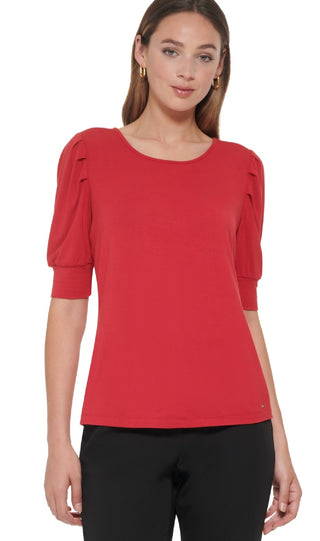 Tommy Hilfiger Women's Elbow Sleeve Pleated Shoulder Top Red Size Small