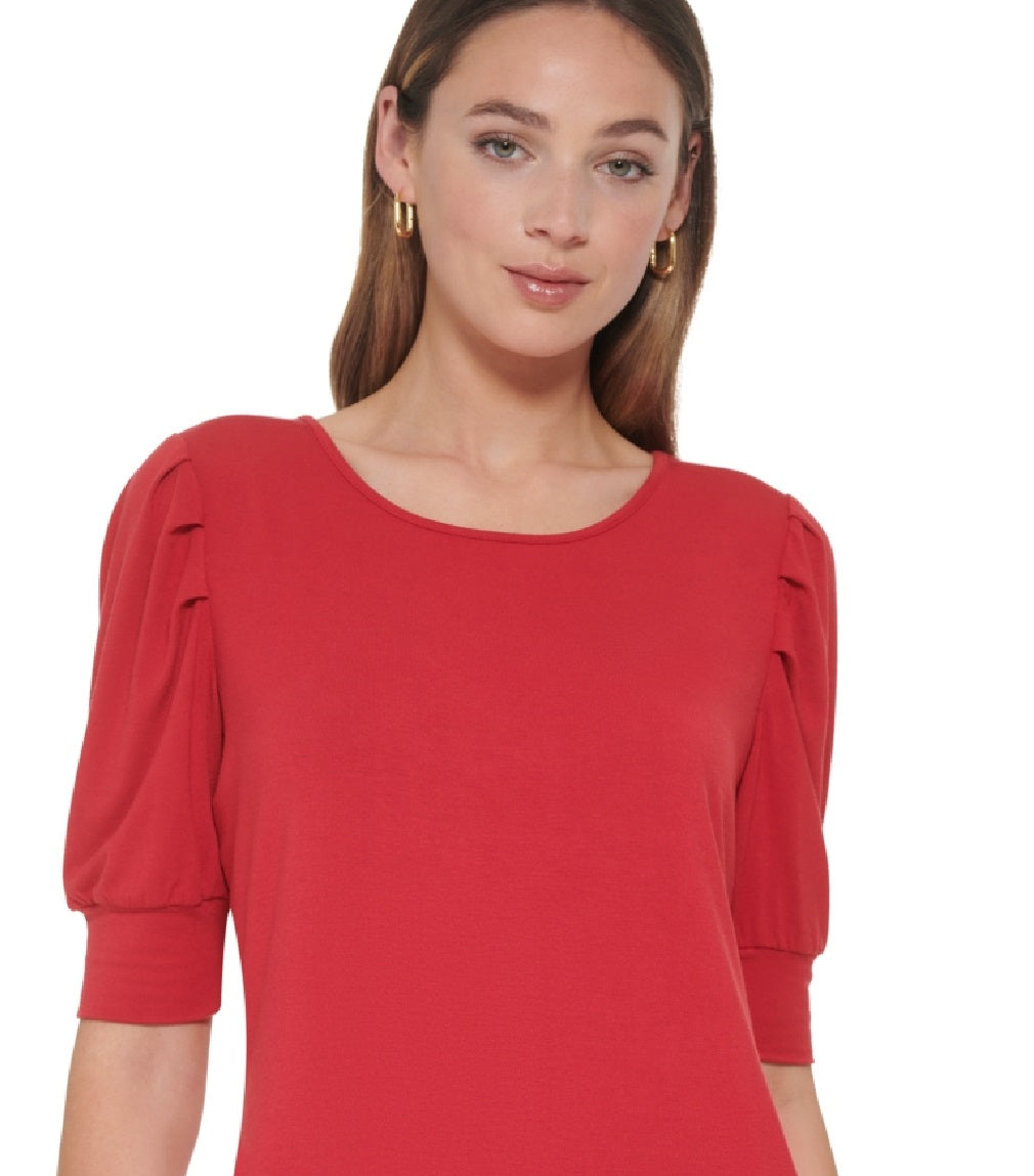 Tommy Hilfiger Women's Elbow Sleeve Pleated Shoulder Top Red Size Small