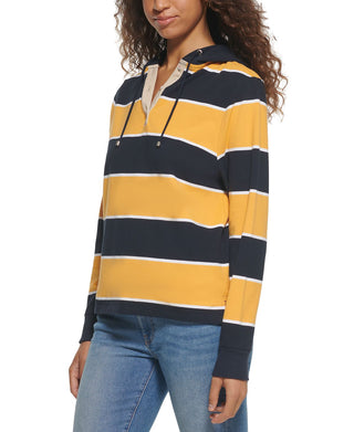 Tommy Hilfiger Women's Rugby Stripe Long Sleeve Hoodie Blue Size Large