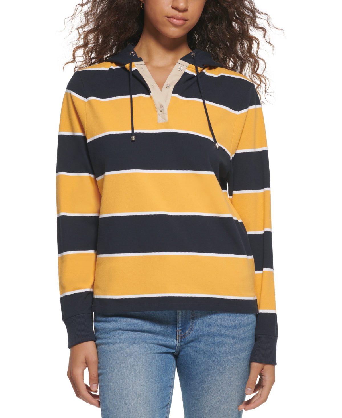 Tommy Hilfiger Women's Rugby Stripe Long Sleeve Hoodie Blue Size Large