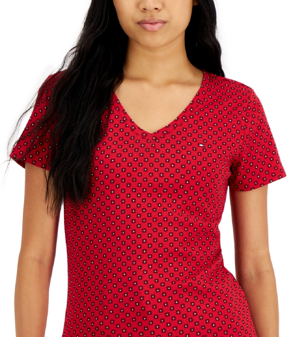 Tommy Hilfiger Women's Cotton Foulard Printed V Neck Top Red Size X-Small