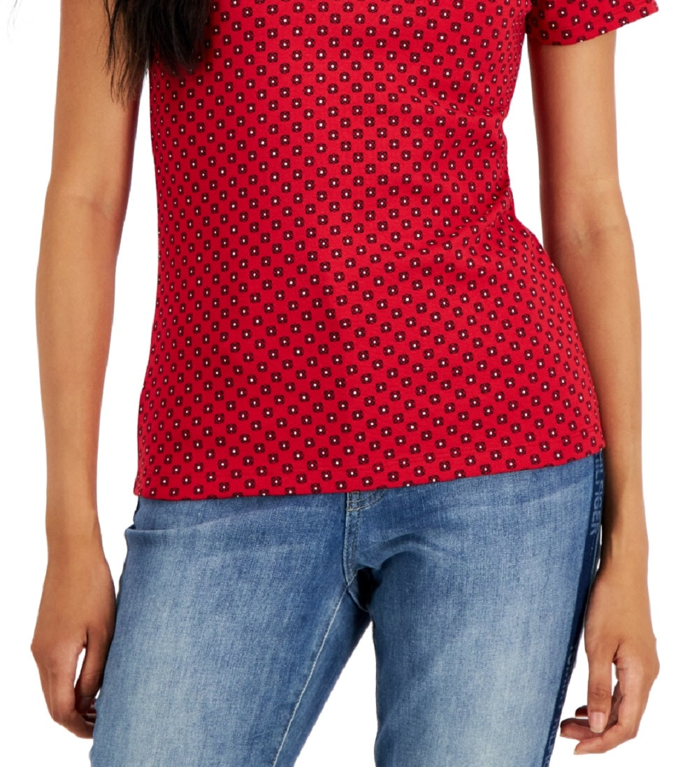 Tommy Hilfiger Women's Cotton Foulard Printed V Neck Top Red Size X-Small