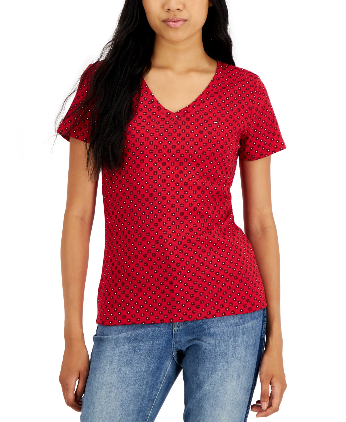 Tommy Hilfiger Women's Cotton Foulard Printed V Neck Top Red Size X-Small