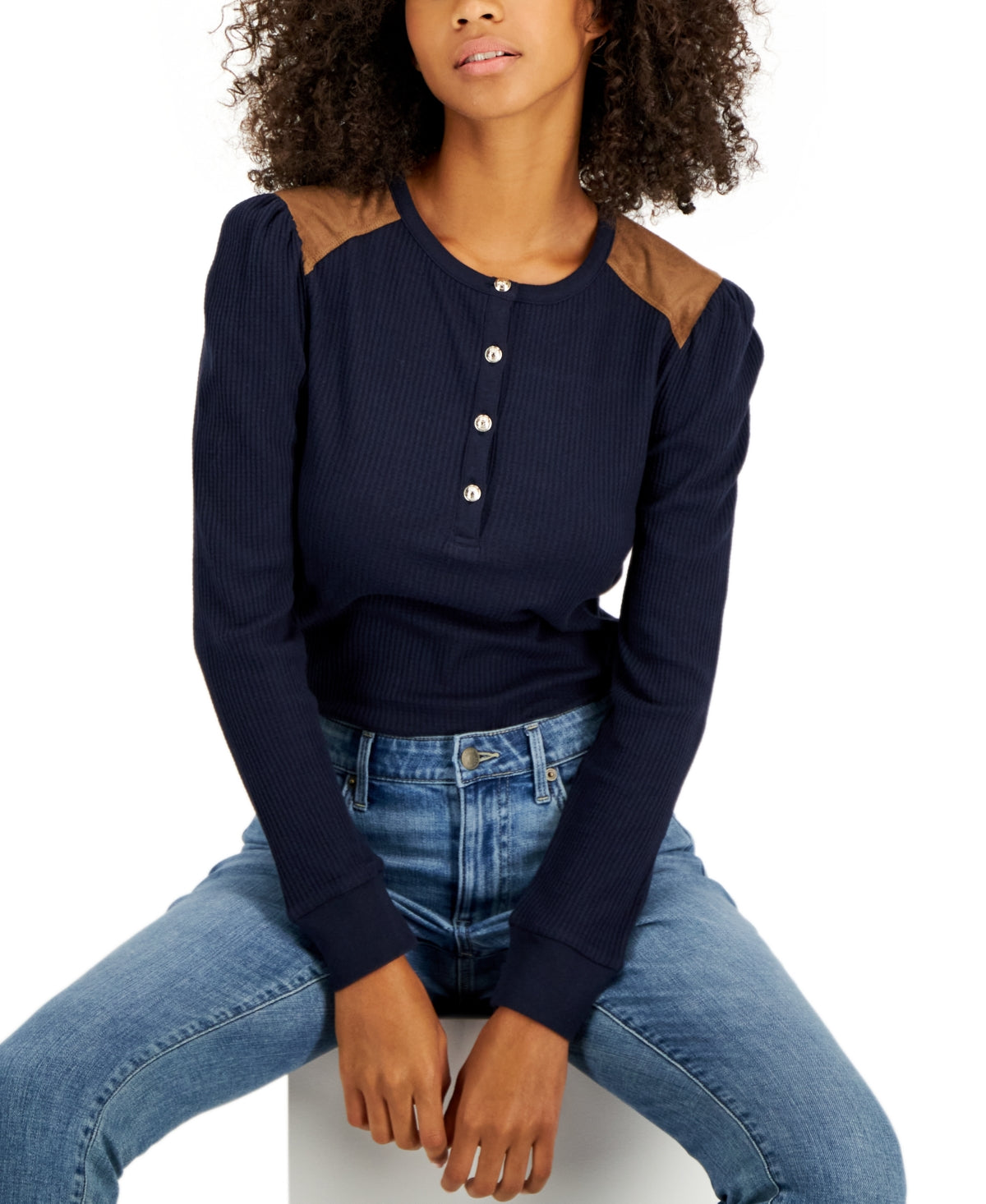 Tommy Hilfiger Women's Faux Suede Trim Henley Top Blue