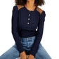 Tommy Hilfiger Women's Faux Suede Trim Henley Top Blue Size X-Small