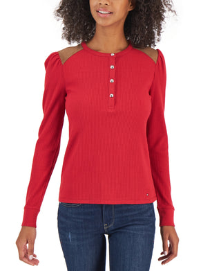 Tommy Hilfiger Women's Faux Suede Trim Henley Top Red Size X-Small