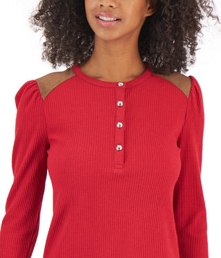 Tommy Hilfiger Women's Faux Suede Trim Henley Top Red Size X-Small