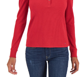 Tommy Hilfiger Women's Faux Suede Trim Henley Top Red Size X-Small