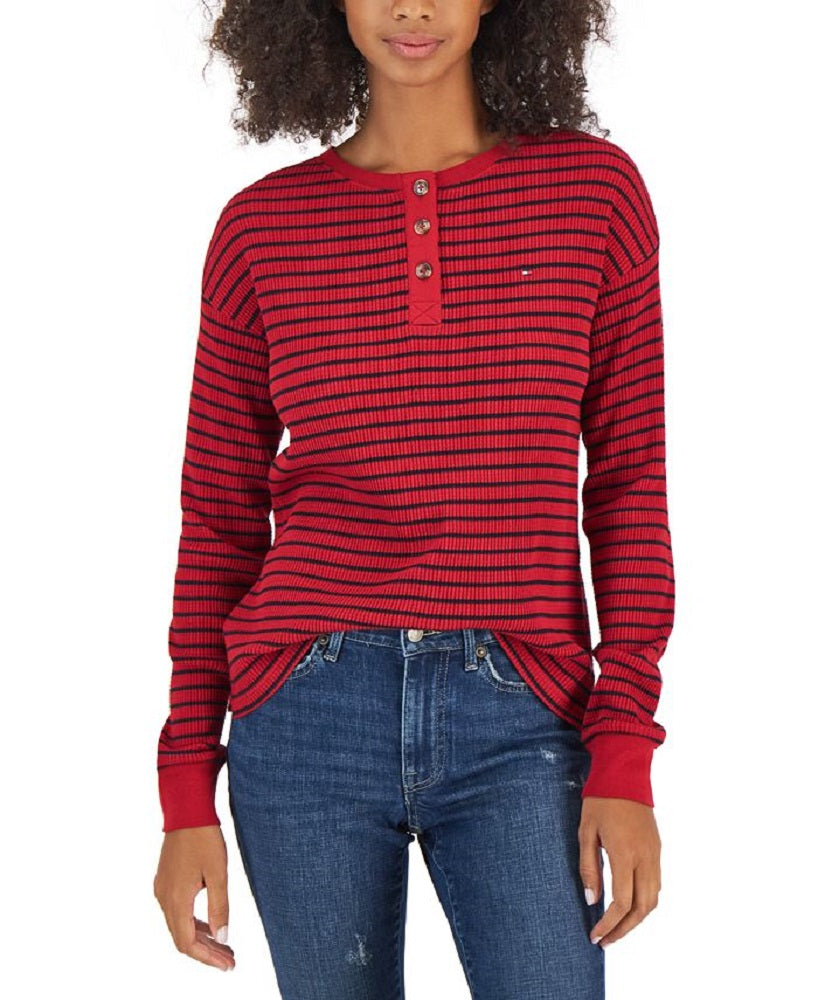 Tommy Hilfiger Women's Long Sleeve Striped Boxy Henley Top Red