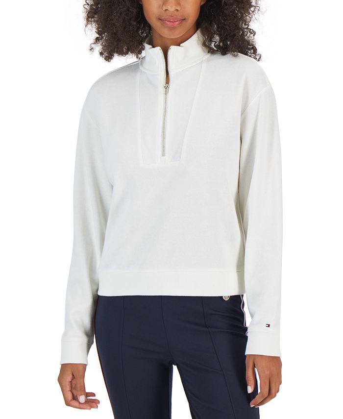 Tommy Hilfiger Women's 1/2 Zip Solid Cropped Sweatshirt White Size X-Large