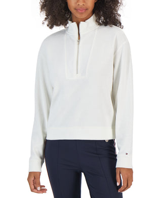 Tommy Hilfiger Women's 1/2 Zip Solid Cropped Sweatshirt White Size Medium