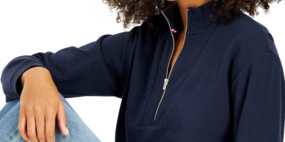 Tommy Hilfiger Women's 1/2-Zip Solid Cropped Sweatshirt Blue Size XL