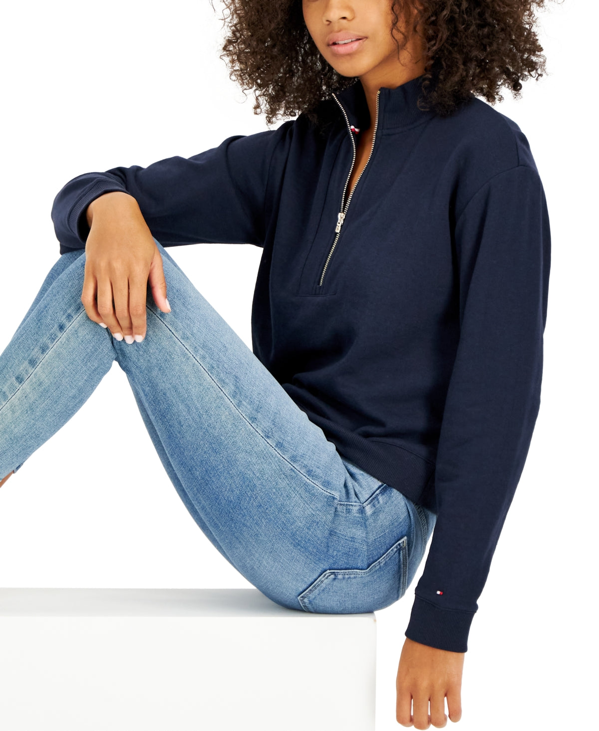 Tommy Hilfiger Women's 1/2 Zip Solid Cropped Sweatshirt Blue Size Medium