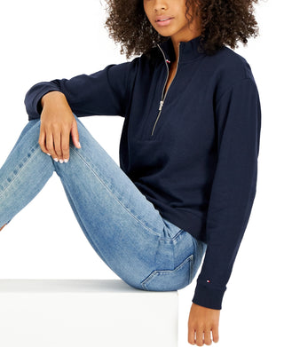 Tommy Hilfiger Women's 1/2 Zip Solid Cropped Sweatshirt Blue Size Medium