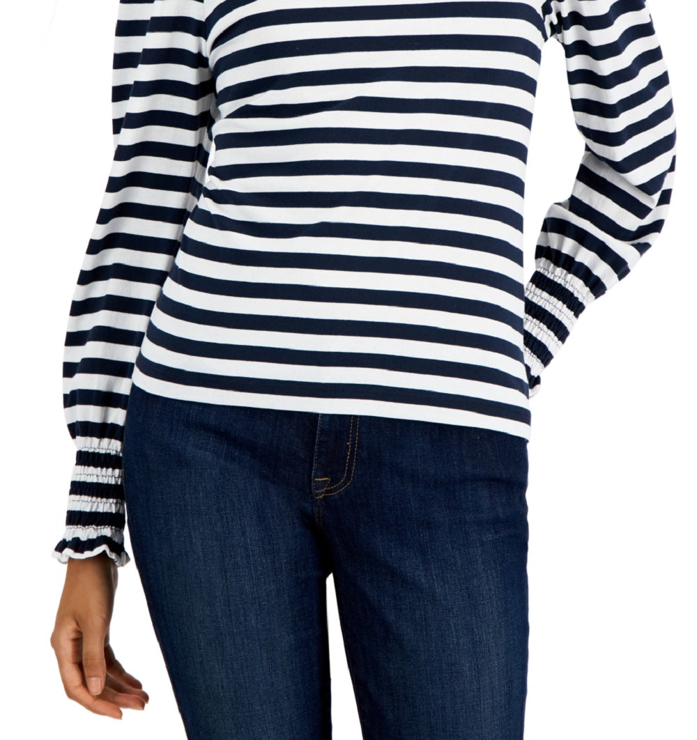 Tommy Hilfiger Women's Striped Smocked Cuff Top Blue Size Large