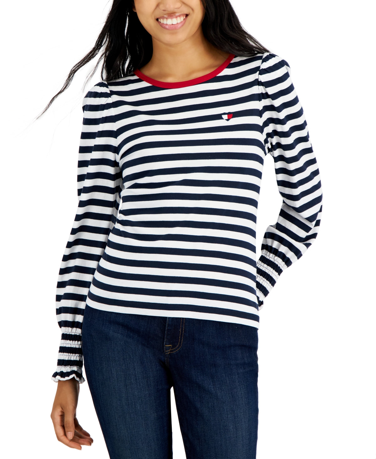 Tommy Hilfiger Women's Striped Smocked Cuff Top Blue Size Large