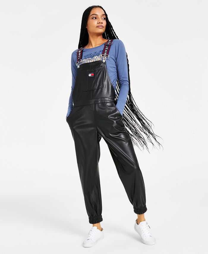 Tommy Jeans Women's Faux Leather Overalls Black Size 29