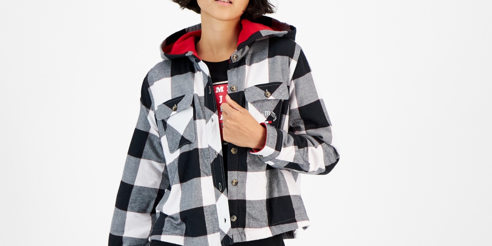 Tommy Jeans Women's Plaid Fleece Lined Hooded Shirt Jacket White Size X-Large